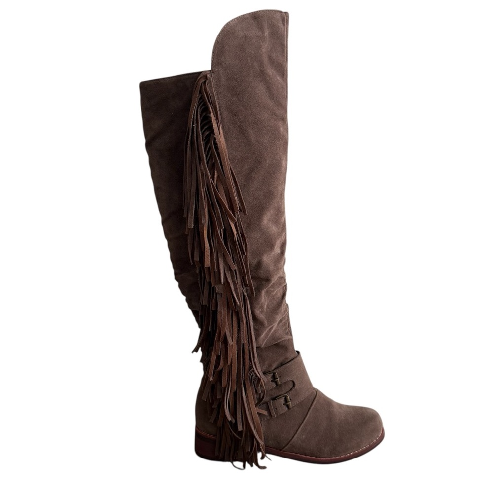 NWOB Brown Vegan Suede Over Knee Fringe Riding Boot Lined Western Boho Sz 6.5